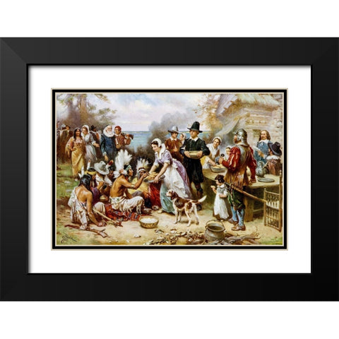 The First Thanksgiving, 1621 Black Modern Wood Framed Art Print with Double Matting by Ferris, Jean Leon Gerome