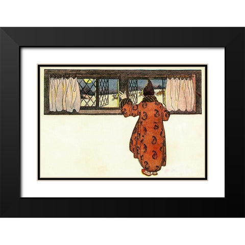 Man Looking out the Window to See Christmas Reindeer Carriage Black Modern Wood Framed Art Print with Double Matting by Smith, Jessie Wilcox