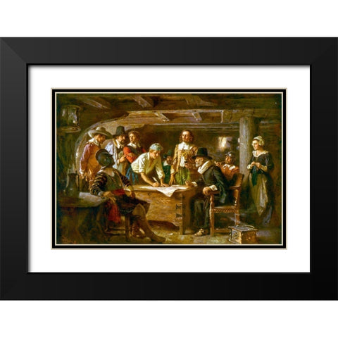 The Mayflower Compact-1620 Black Modern Wood Framed Art Print with Double Matting by Ferris, Jean Leon Gerome