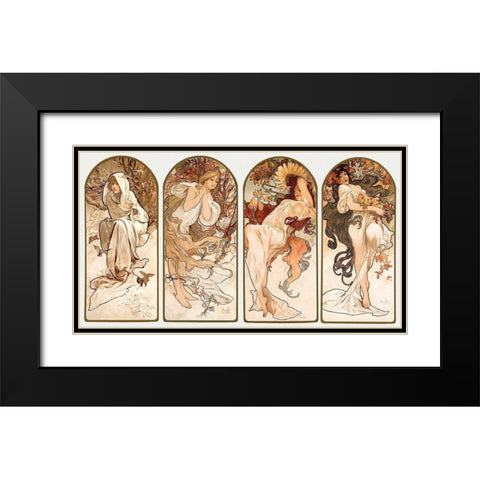 The Seasons Black Modern Wood Framed Art Print with Double Matting by Mucha, Alphonse