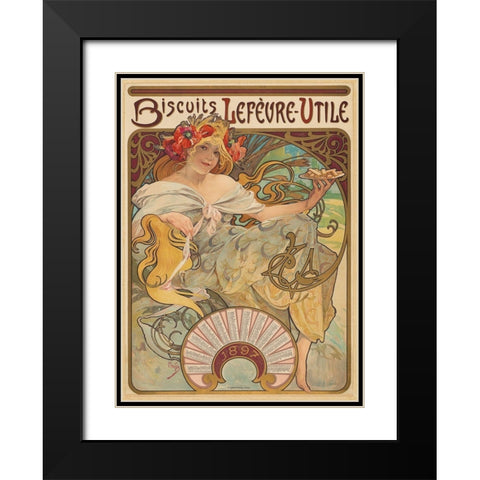 Biscuits Lefèvre-Utile Black Modern Wood Framed Art Print with Double Matting by Mucha, Alphonse