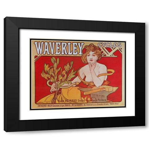 Cycles Waverley Black Modern Wood Framed Art Print with Double Matting by Mucha, Alphonse