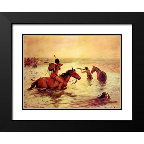 In Retreat Across a Stream Black Modern Wood Framed Art Print with Double Matting by Shreyvogel, Charles