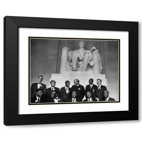 Civil Rights March on Washington-D.C. Leaders of the march in front of the statue of Abraham Lincoln Black Modern Wood Framed Art Print with Double Matting by U.S. Archives