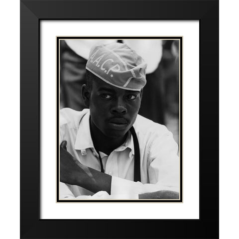 Civil Rights March on Washington-D.C. Man Wearing AACP Hat Black Modern Wood Framed Art Print with Double Matting by U.S. Archives