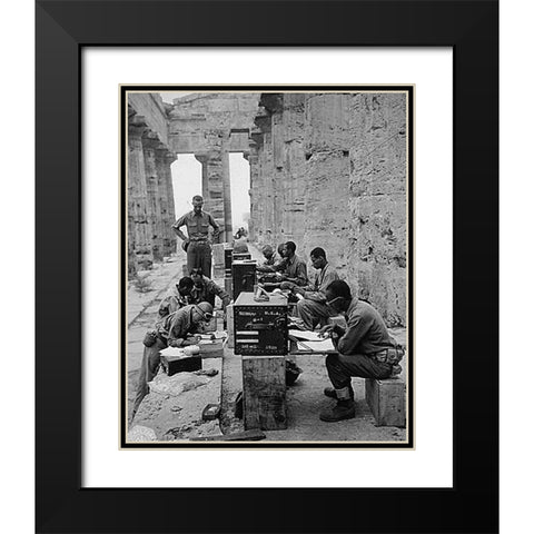 WWII 480th Port Battalion Set Up Between the Columns of the Ancient Greek Temple of Neptune Black Modern Wood Framed Art Print with Double Matting by U.S. Archives