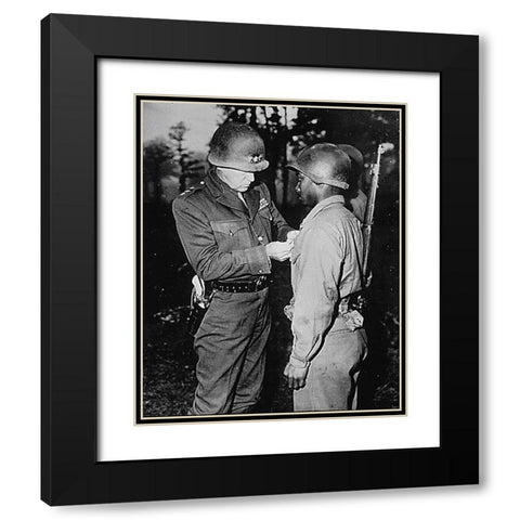 WWII Lt. Gen. George S. Patton-U.S. Third Army commander-pins the Silver Star on Private Ernest A. J Black Modern Wood Framed Art Print with Double Matting by U.S. Archives