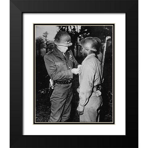 WWII Lt. Gen. George S. Patton-U.S. Third Army commander-pins the Silver Star on Private Ernest A. J Black Modern Wood Framed Art Print with Double Matting by U.S. Archives