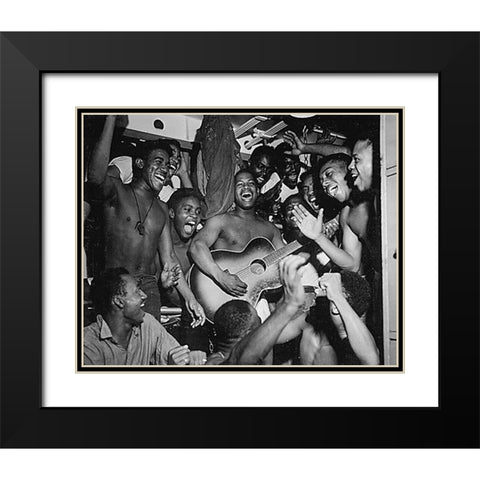 WWII men aboard the U.S.S. Ticonderoga hear the news of Japans surrender Black Modern Wood Framed Art Print with Double Matting by U.S. Archives