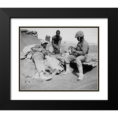 WWII Marines on the beach at Iwo Jima Black Modern Wood Framed Art Print with Double Matting by U.S. Archives