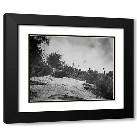 WWII assault troops await orders D-day at Saipan in the Marianas Black Modern Wood Framed Art Print with Double Matting by U.S. Archives