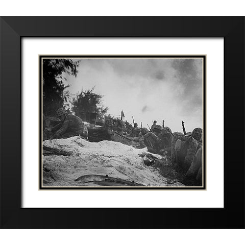 WWII assault troops await orders D-day at Saipan in the Marianas Black Modern Wood Framed Art Print with Double Matting by U.S. Archives