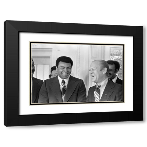 President Gerald R. Ford and Boxer Muhammad Ali in the Oval Office Black Modern Wood Framed Art Print with Double Matting by U.S. Archives
