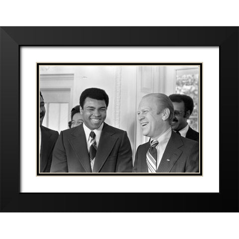 President Gerald R. Ford and Boxer Muhammad Ali in the Oval Office Black Modern Wood Framed Art Print with Double Matting by U.S. Archives