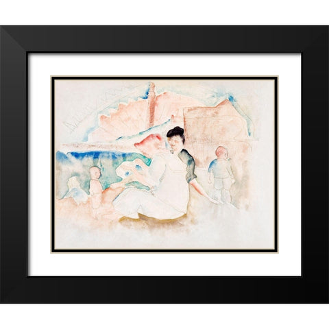 Two Women and Three Children on the Beach Black Modern Wood Framed Art Print with Double Matting by Demuth, Charles