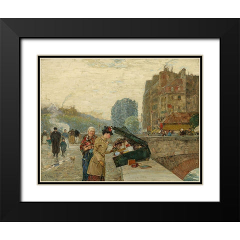 Quai St Michel Black Modern Wood Framed Art Print with Double Matting by Hassam, Childe