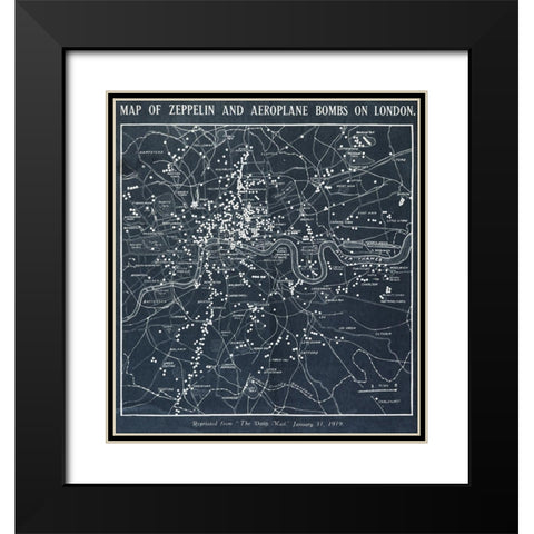 Map of Zeppelin and aeroplane bombs on London Black Modern Wood Framed Art Print with Double Matting by World War 1 Photograph