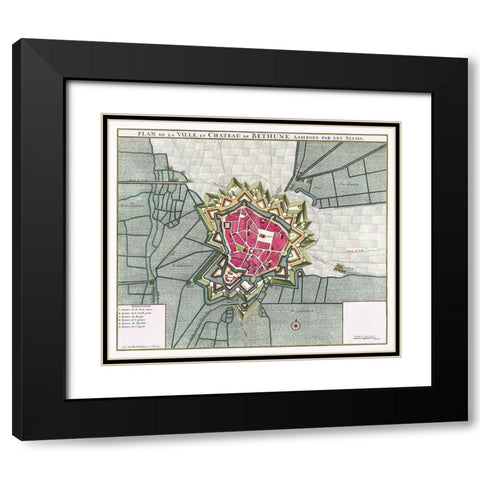 Map of Bethune-France Black Modern Wood Framed Art Print with Double Matting by Vintage Maps