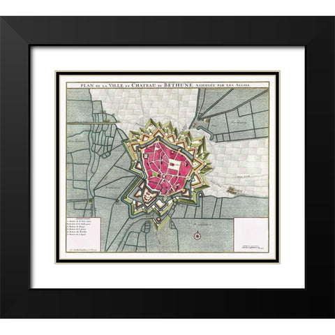Map of Bethune-France Black Modern Wood Framed Art Print with Double Matting by Vintage Maps