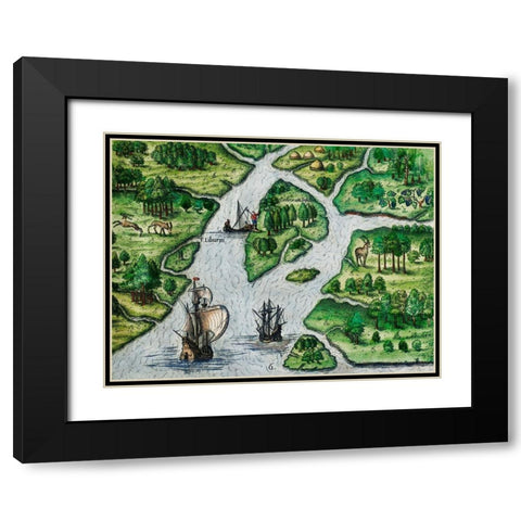 Port Royal-South Carolina illustration from Grand voyages 1596 Black Modern Wood Framed Art Print with Double Matting by Bry, Theodor de