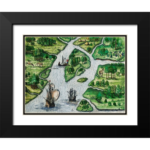 Port Royal-South Carolina illustration from Grand voyages 1596 Black Modern Wood Framed Art Print with Double Matting by Bry, Theodor de