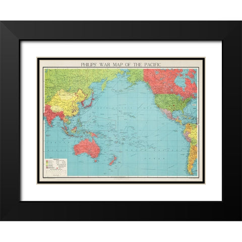 Philips war map of the Pacific 1945 Black Modern Wood Framed Art Print with Double Matting by George Philip and Son Limited