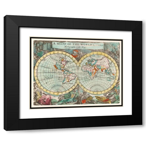 A mapp of the world 1682 Black Modern Wood Framed Art Print with Double Matting by Playford, John