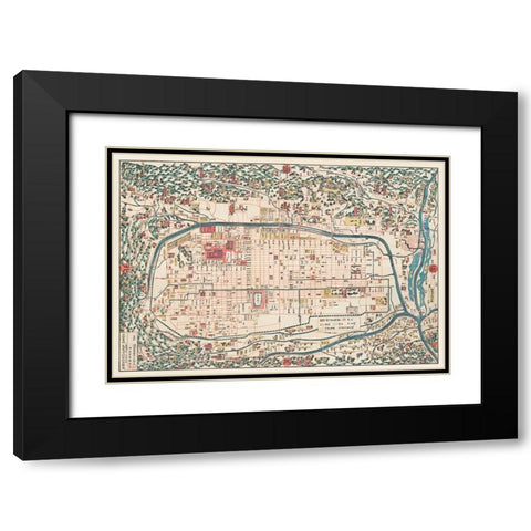 Map of Kyoto 1863 Black Modern Wood Framed Art Print with Double Matting by Kahei, Takebara