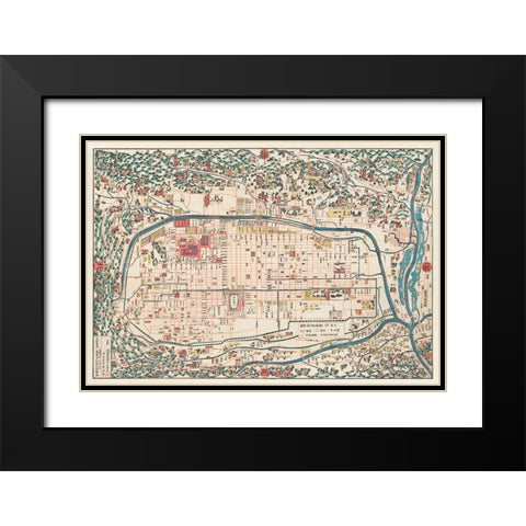 Map of Kyoto 1863 Black Modern Wood Framed Art Print with Double Matting by Kahei, Takebara