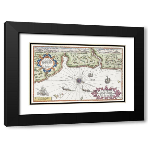 Map of the north coast of England at Newcastle upon Tyne 1583 Black Modern Wood Framed Art Print with Double Matting by Doetechum, Joannes van