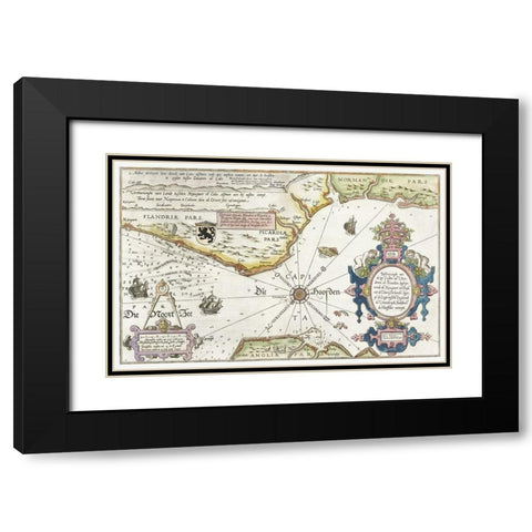 Map of the coasts of Flanders-Normandy and England 1581 Black Modern Wood Framed Art Print with Double Matting by Doetechum, Joannes van