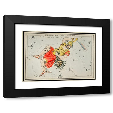 Astronomical chart illustration of the Perseus and the Caput Medusae Black Modern Wood Framed Art Print with Double Matting by Hall, Sidney