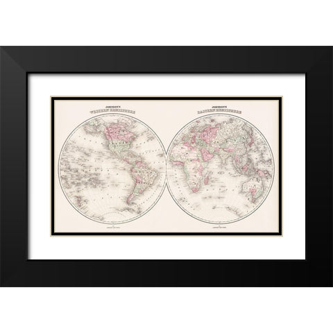Johnsons Western and Eastern Hemisphere 1866 Black Modern Wood Framed Art Print with Double Matting by Johnson and Ward