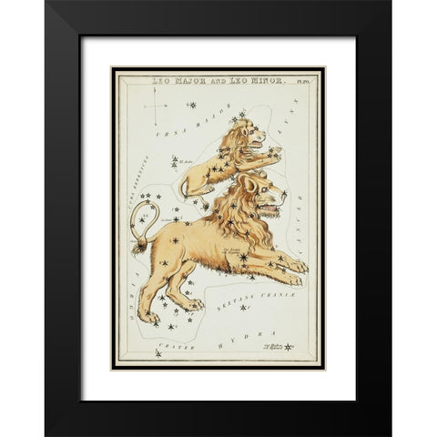 Astronomical chart illustration of the Leo Major and the Leo Minor Black Modern Wood Framed Art Print with Double Matting by Hall, Sidney