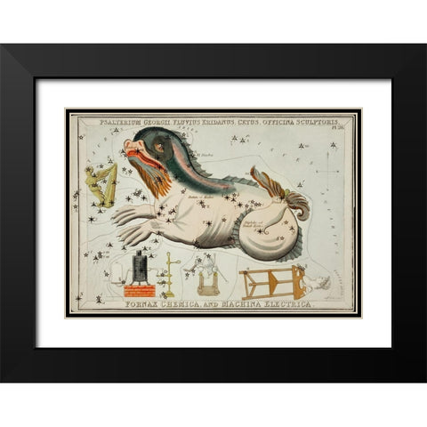 Astronomical chart illustration of the Psalterium Georgii-Fluvius Eridanus-Cetus-Officinal Scupltori Black Modern Wood Framed Art Print with Double Matting by Hall, Sidney