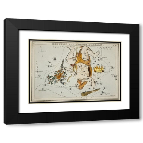 Astronomical chart illustration of the Hercules and the Corona Borealis Black Modern Wood Framed Art Print with Double Matting by Hall, Sidney