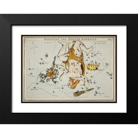 Astronomical chart illustration of the Hercules and the Corona Borealis Black Modern Wood Framed Art Print with Double Matting by Hall, Sidney