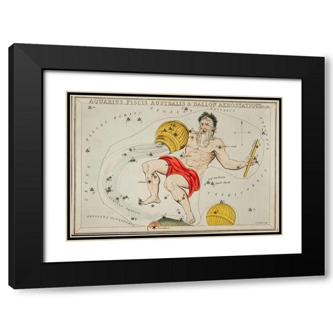 Astronomical chart illustration of the Zodiacs Aquaris-Piscis Australis and Ballon Aerostatique Black Modern Wood Framed Art Print with Double Matting by Hall, Sidney
