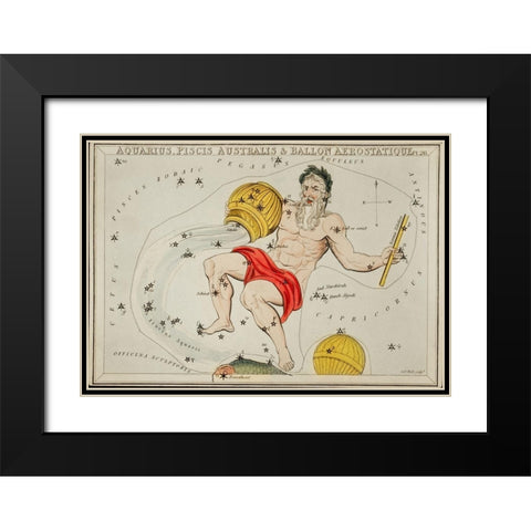 Astronomical chart illustration of the Zodiacs Aquaris-Piscis Australis and Ballon Aerostatique Black Modern Wood Framed Art Print with Double Matting by Hall, Sidney