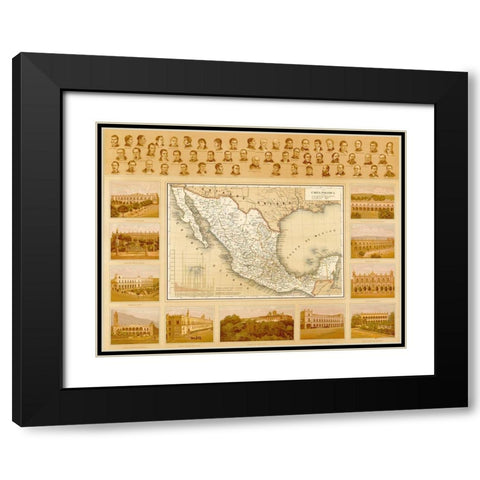 Political Map of Mexico Black Modern Wood Framed Art Print with Double Matting by Vintage Maps