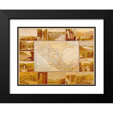 Waterfalls and Dams in Mexico Black Modern Wood Framed Art Print with Double Matting by Vintage Maps