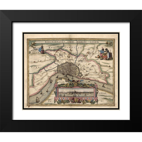 Map of Antwerp Belgium Black Modern Wood Framed Art Print with Double Matting by Vintage Maps