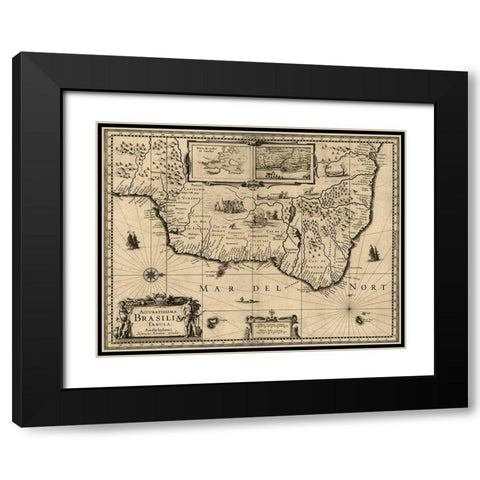 Brazil 1630 Black Modern Wood Framed Art Print with Double Matting by Vintage Maps