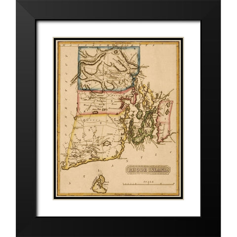 Rhode Island 1817 Black Modern Wood Framed Art Print with Double Matting by Vintage Maps