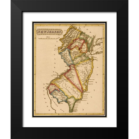New Jersey 1817 Black Modern Wood Framed Art Print with Double Matting by Vintage Maps