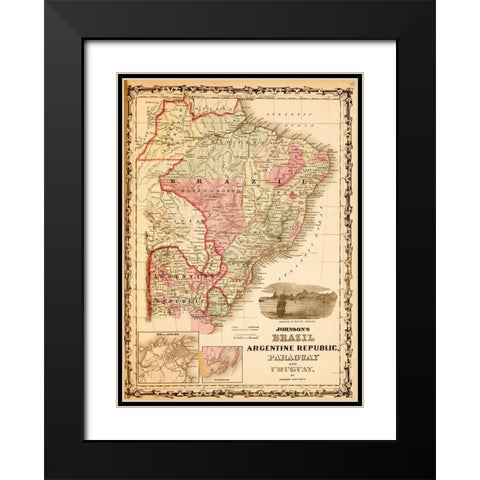 Brazil and Argentina 1862 Black Modern Wood Framed Art Print with Double Matting by Vintage Maps