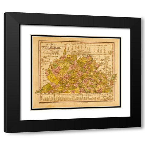 Virginia 1844 Black Modern Wood Framed Art Print with Double Matting by Vintage Maps