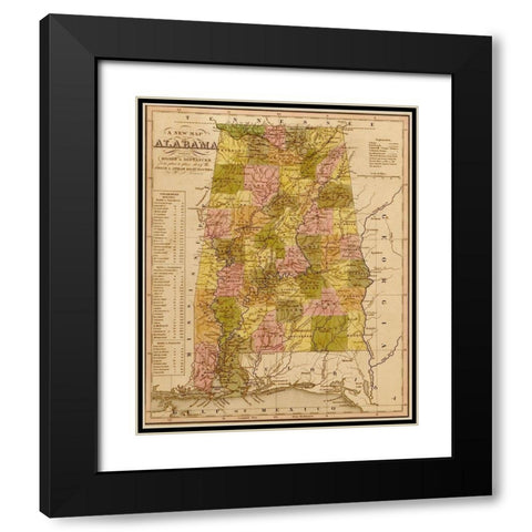 Alabama 1844 Black Modern Wood Framed Art Print with Double Matting by Vintage Maps
