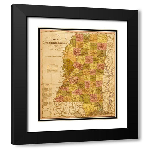 Mississippi 1844 Black Modern Wood Framed Art Print with Double Matting by Vintage Maps