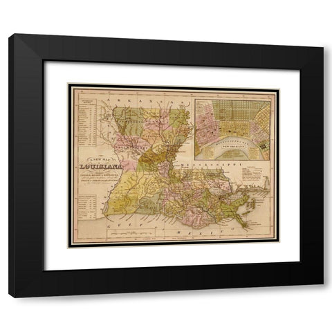 Louisiana 1844 Black Modern Wood Framed Art Print with Double Matting by Vintage Maps